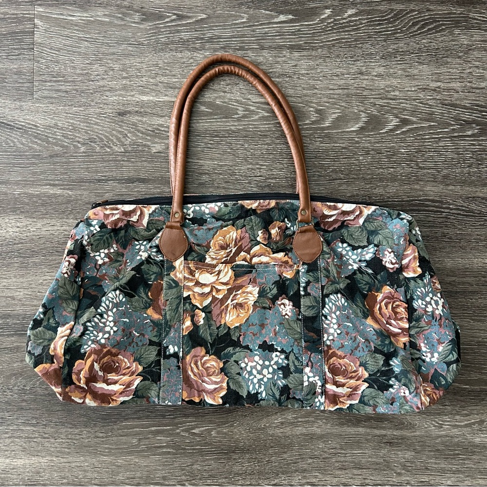 Vintage Holiday Fair Floral Weekender Duffel Bag 80s 90s Cottagecore Travel Tote